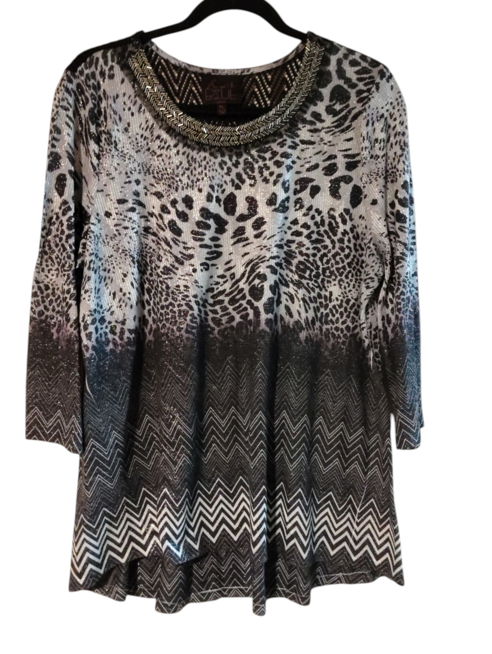 French Blue Petite Black White Pattern Tunic Beaded Neck High-Low Hem PL